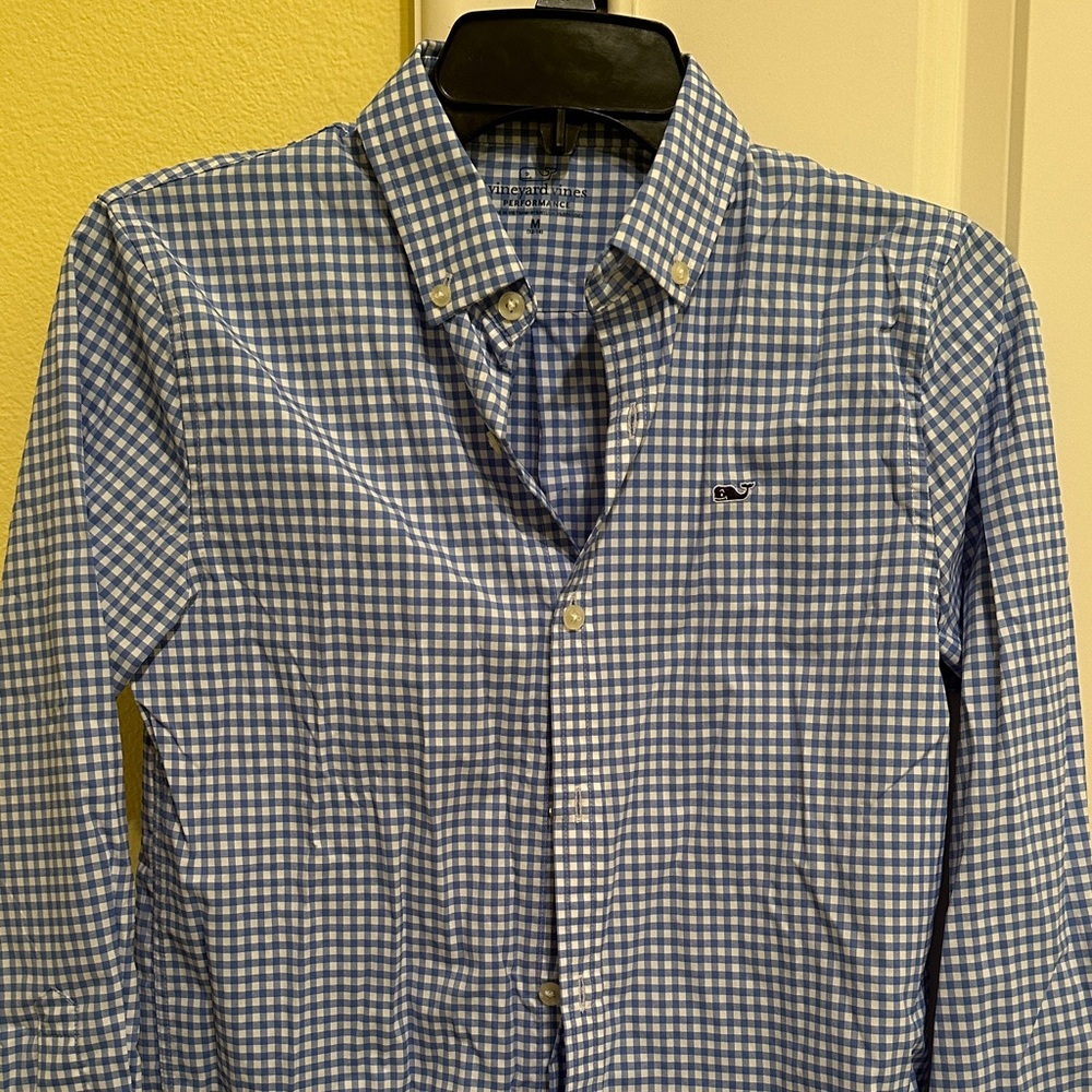 Vineyard vines boys long-sleeve performance Blue and White Checkered Shirt